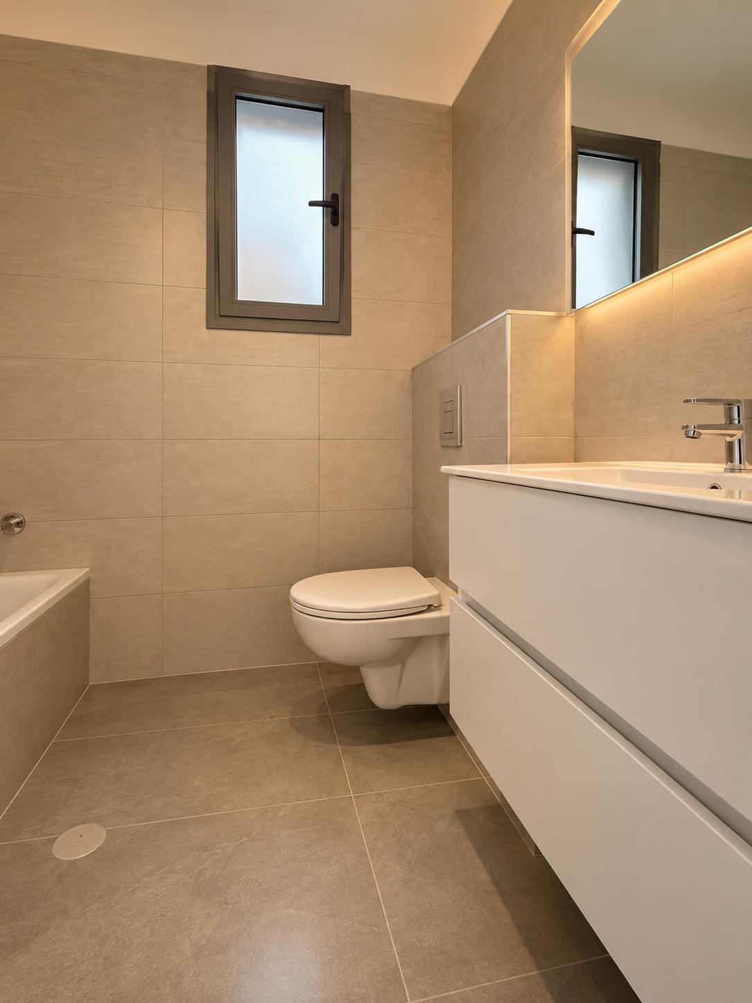 1002777831 Frankel apartment bathroom with a vanity and wall-mounted toilet.