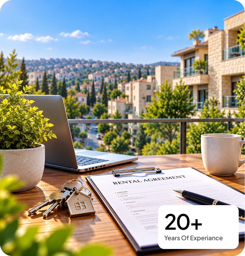 Branded property management illustration with documents, keys and a neighborhood view.