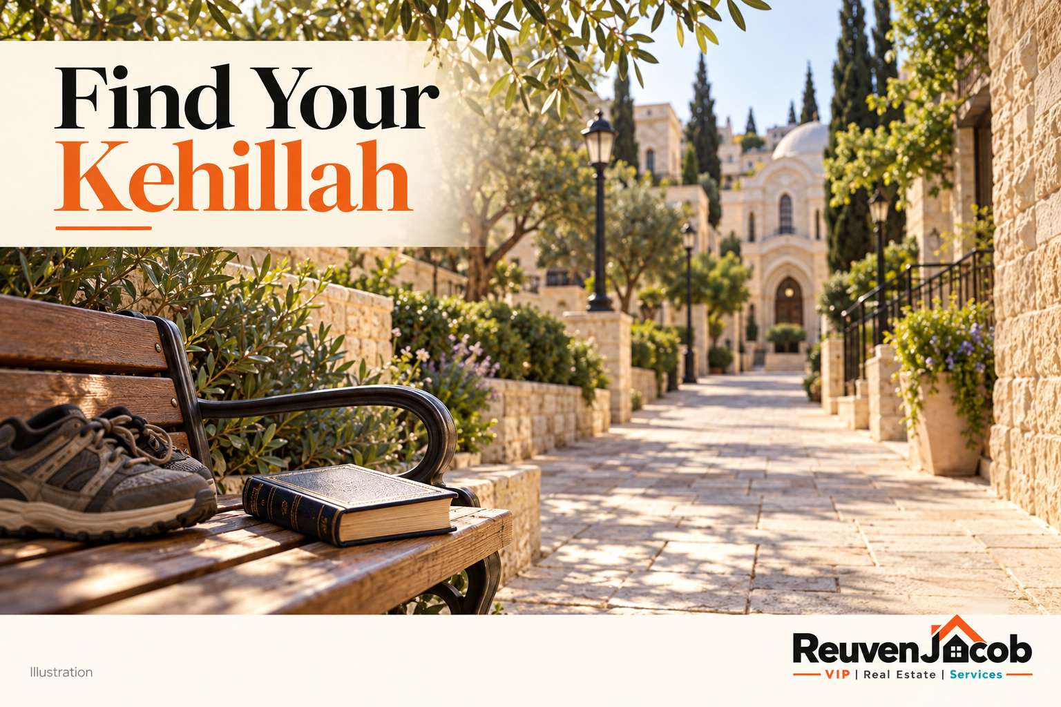 Branded illustration of a walkable neighborhood route and a siddur, encouraging buyers to consider their kehillah.