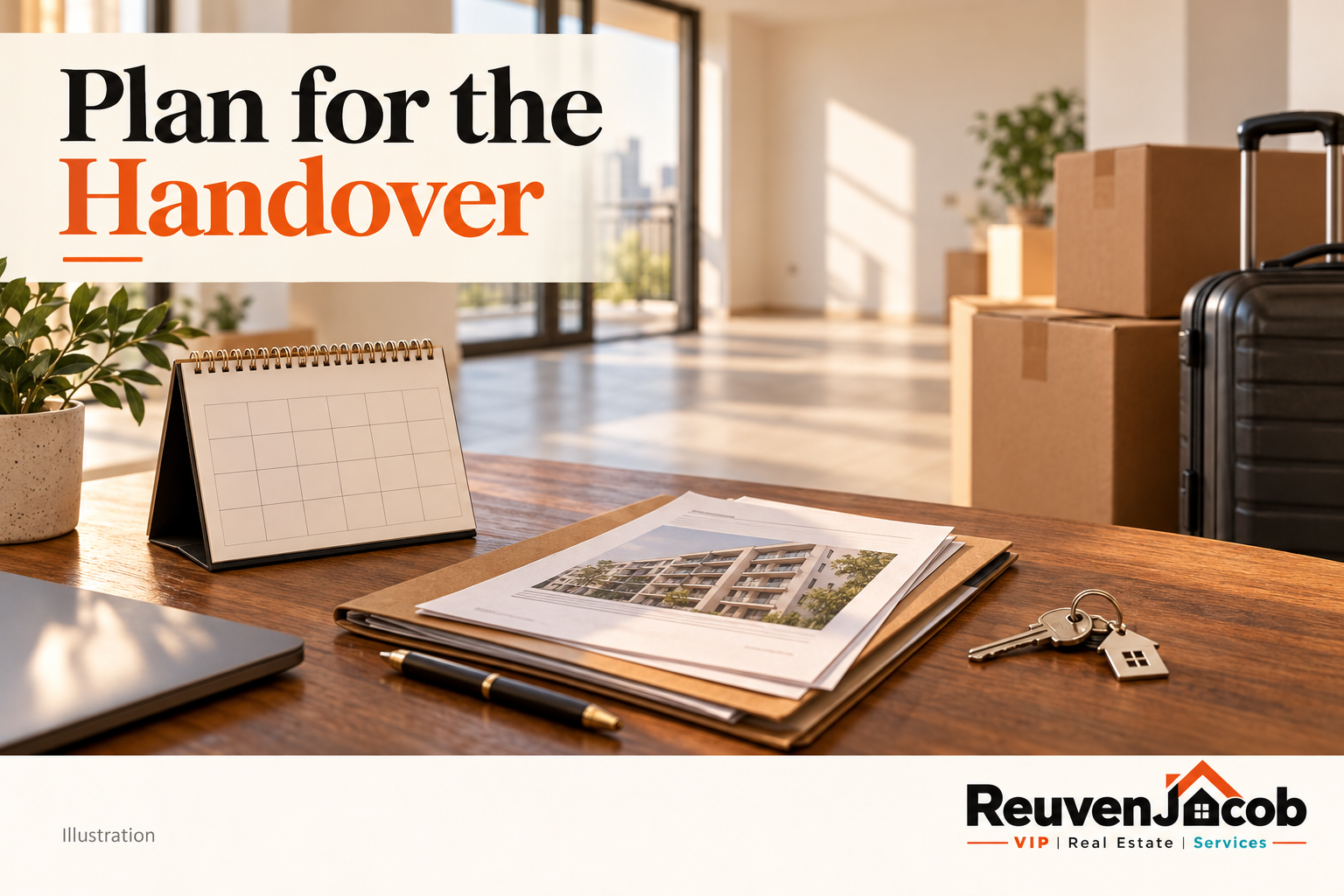 Branded illustration of moving boxes, a suitcase and calendar for planning around apartment handover.