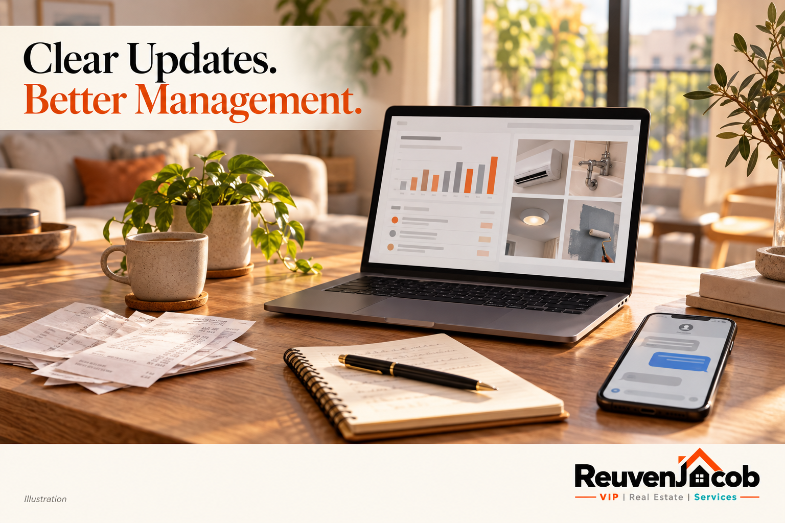 Branded illustration of a monthly property report, repair receipts and owner communication.