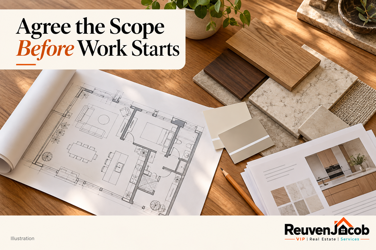 Branded illustration of renovation plans and finish samples for agreeing the scope of contractor work.