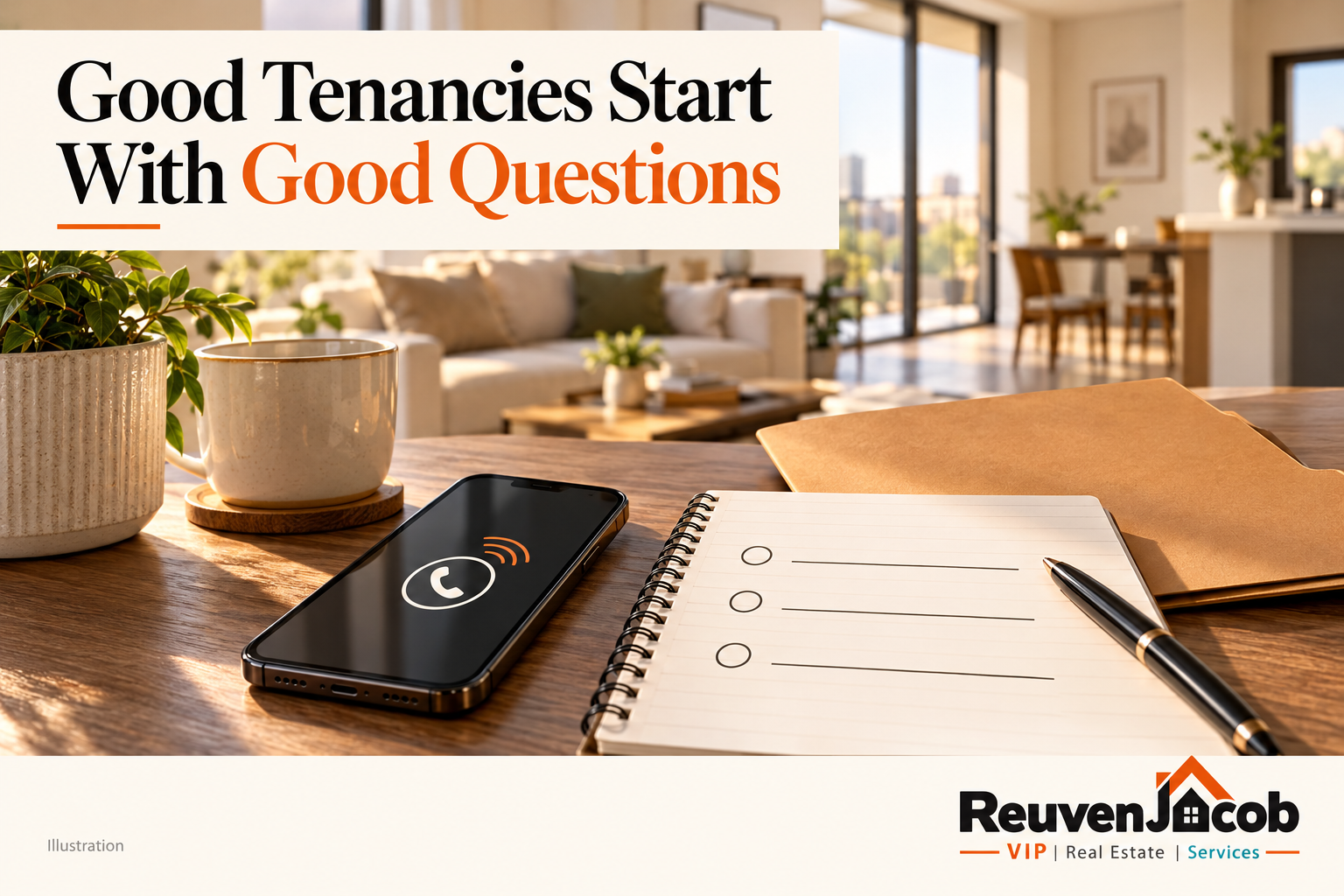 Branded illustration of a phone and notes for checking tenant references before signing a lease.
