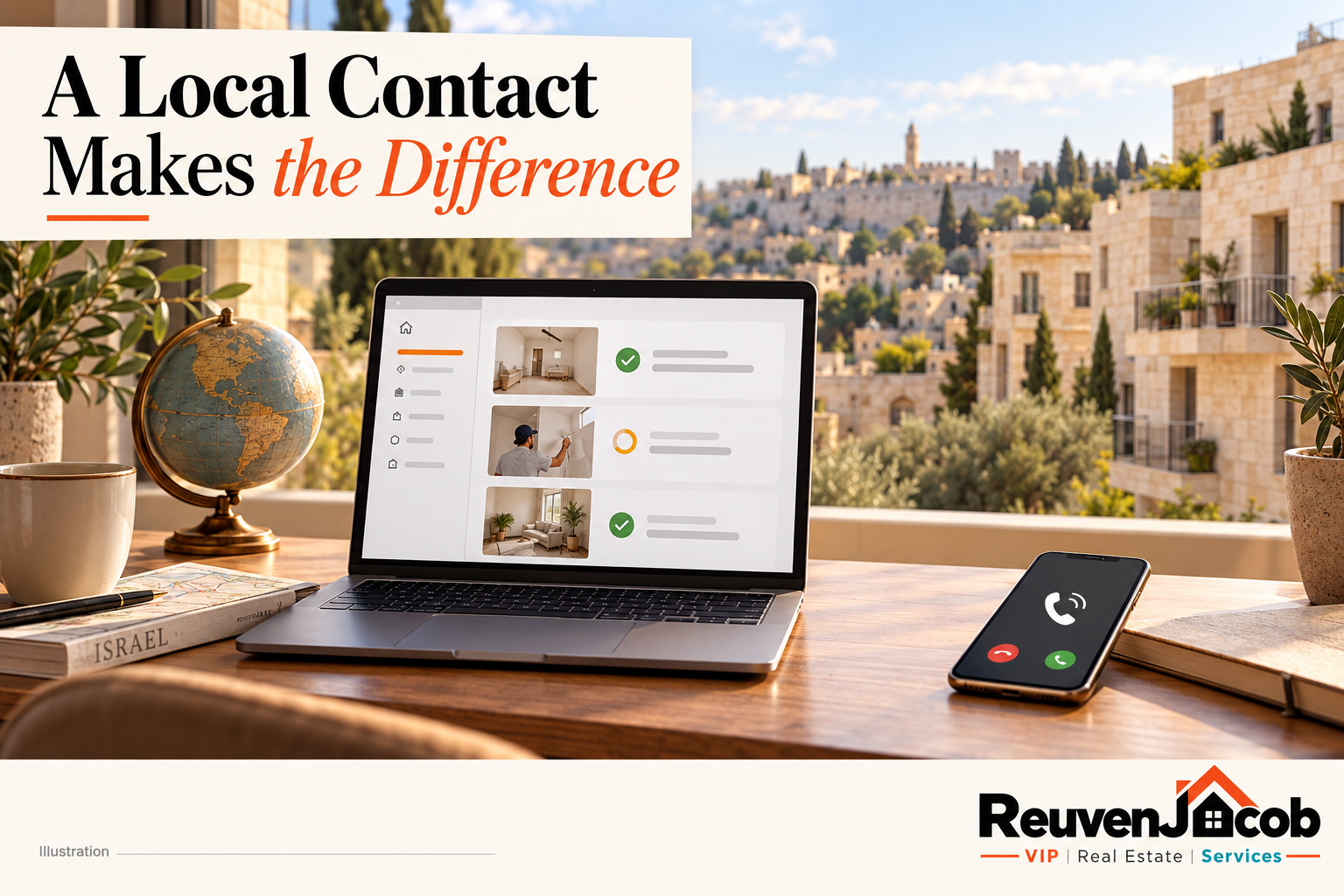 Branded illustration of an overseas owner coordinating apartment maintenance through a local contact.