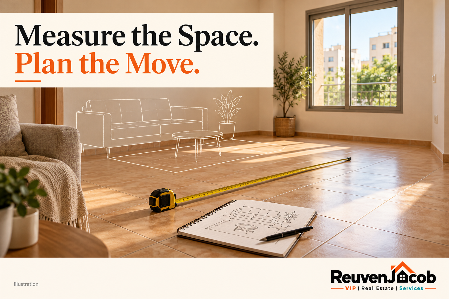 Branded illustration of measuring an apartment during a rental viewing and planning furniture dimensions.