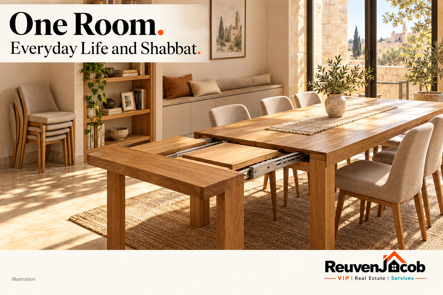 Branded illustration of an extendable dining table and compact furniture for everyday family life and Shabbat.