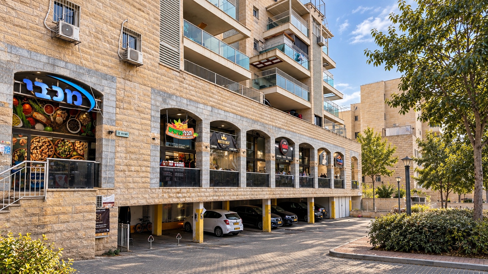 Street-level shops in stone buildings in RBS Gimmel 1.