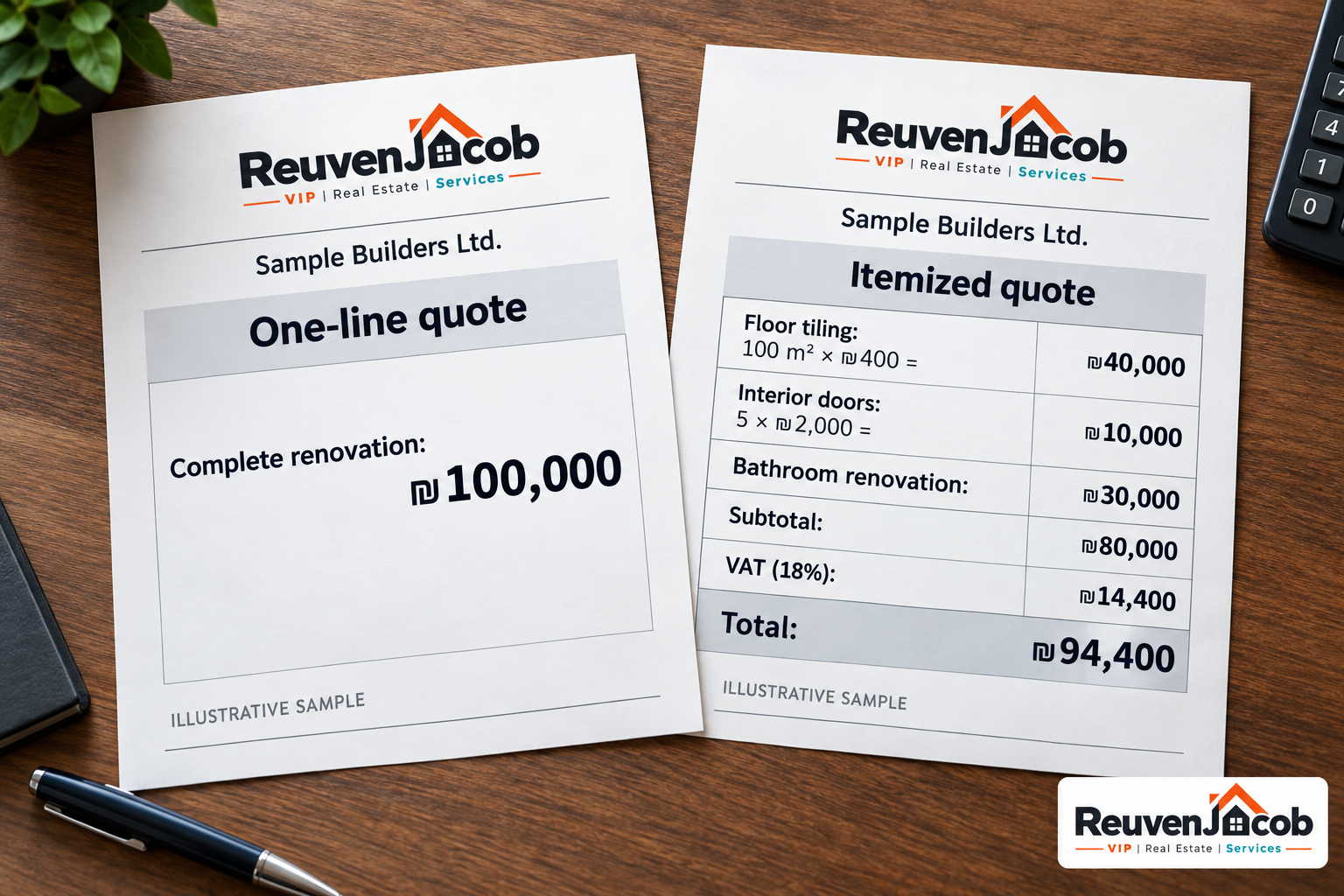 A one-line renovation quote next to an itemized quote