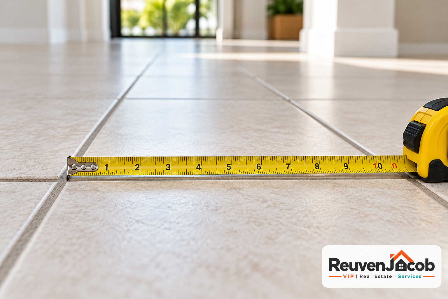 Measuring floor tiles with a tape measure during a renovation