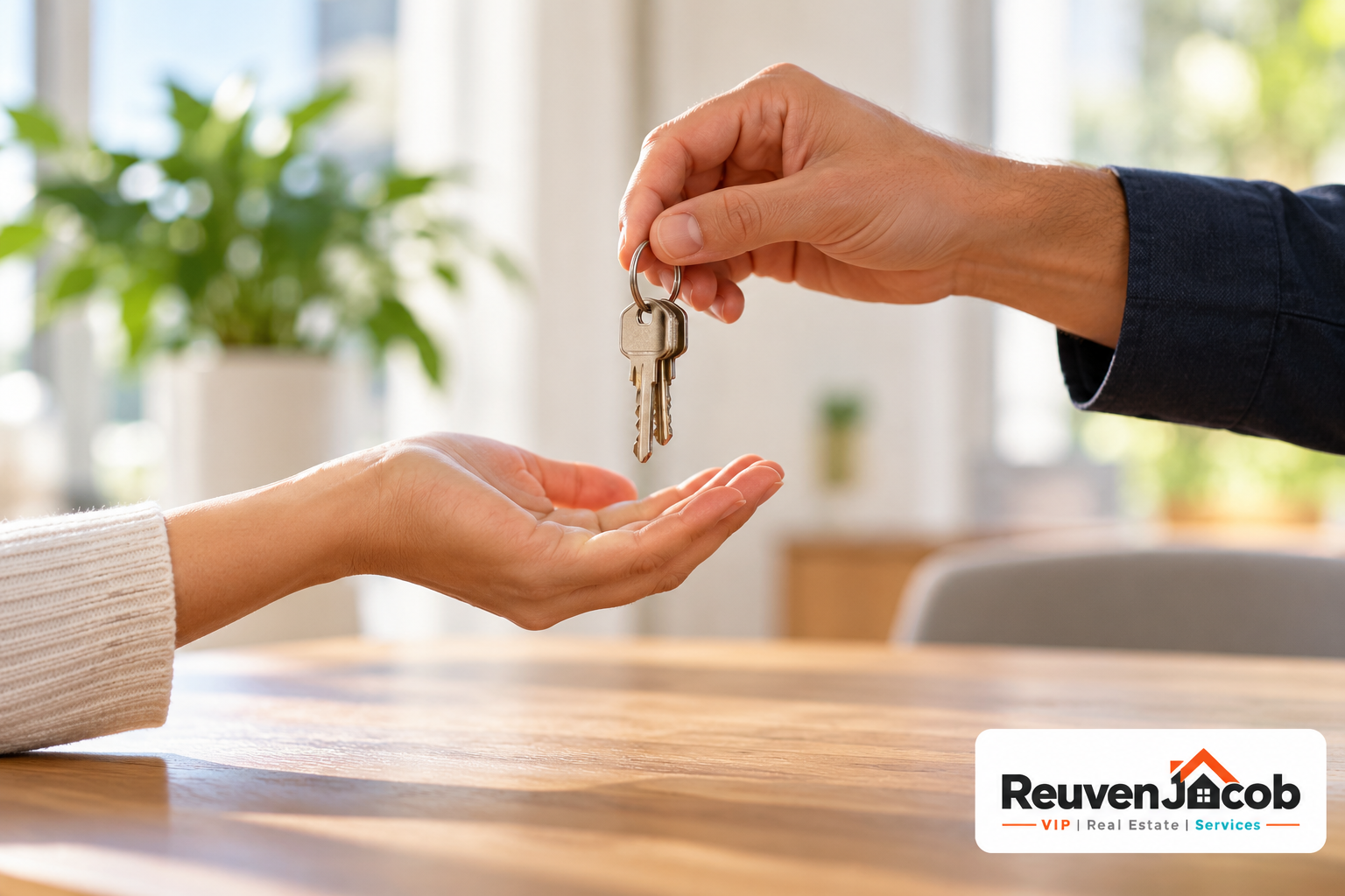 Landlord handing apartment keys to a new tenant