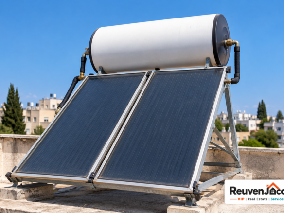 Close-up of a rooftop solar water heater and its pipes