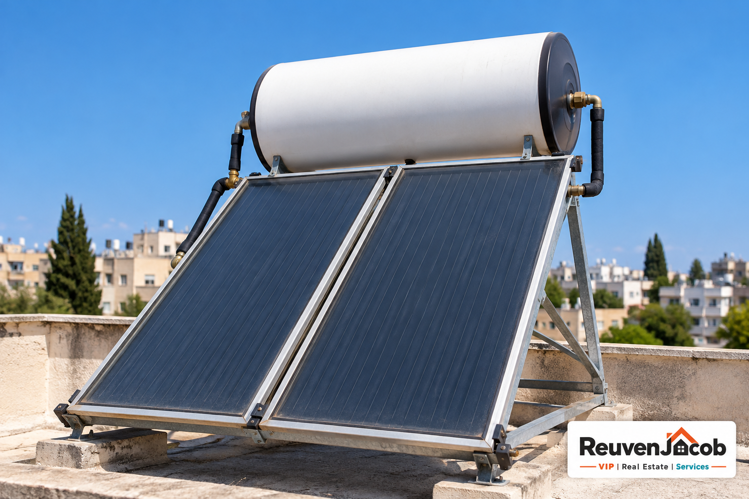 Close-up of a rooftop solar water heater and its pipes