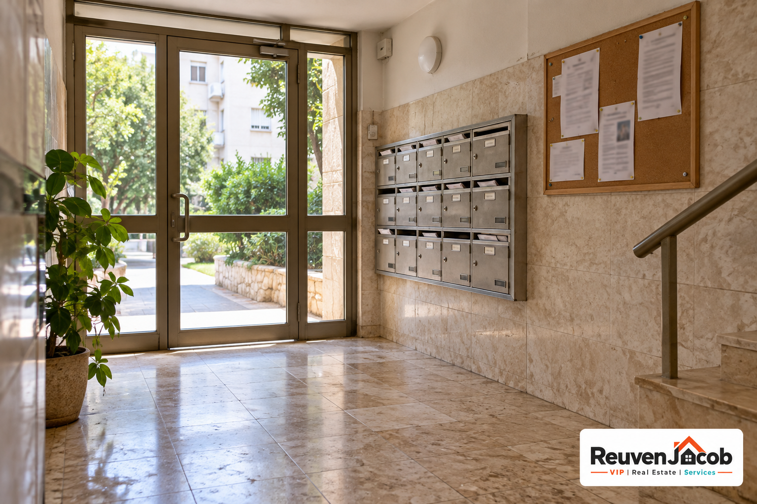 Apartment building entrance with a residents’ notice board