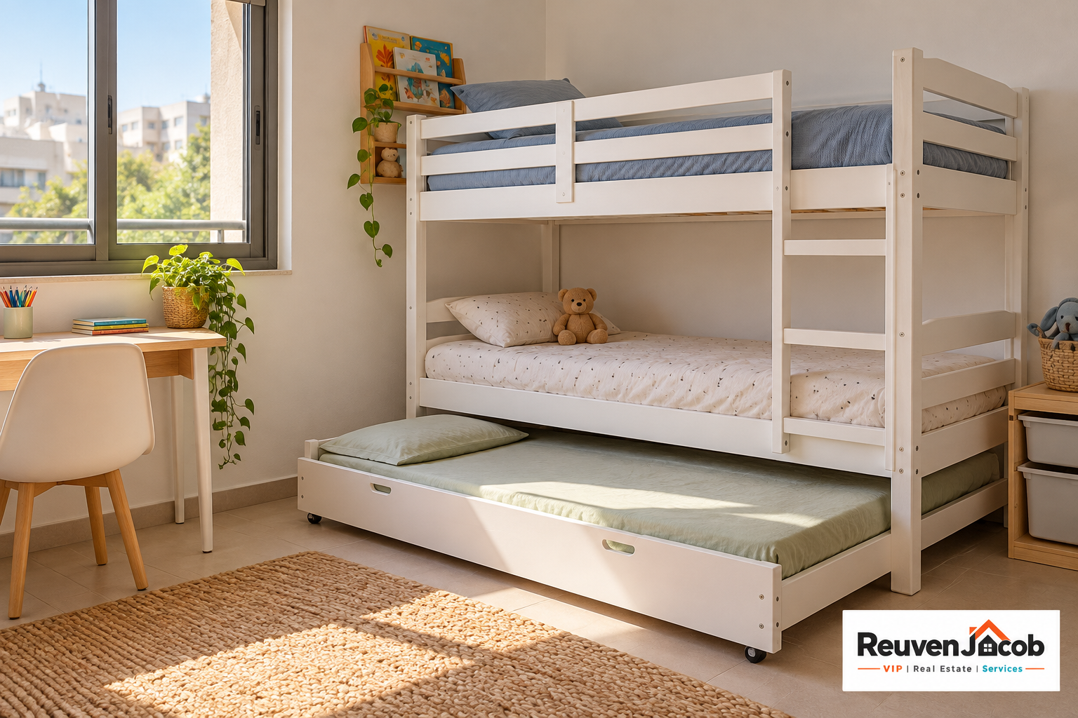 Children’s bedroom with bunk beds and a trundle bed