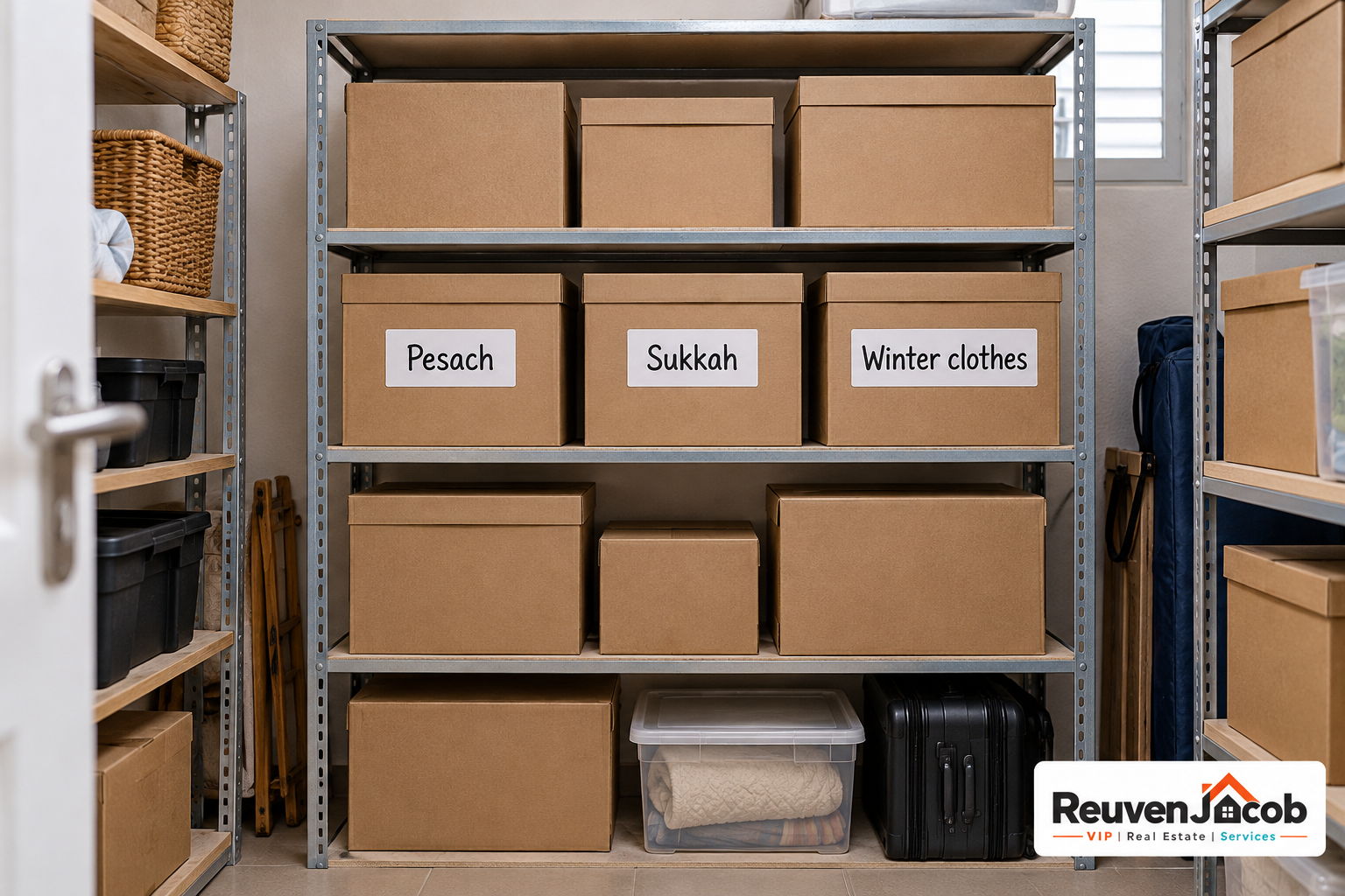 Organized storage room with labeled Pesach and sukkah boxes