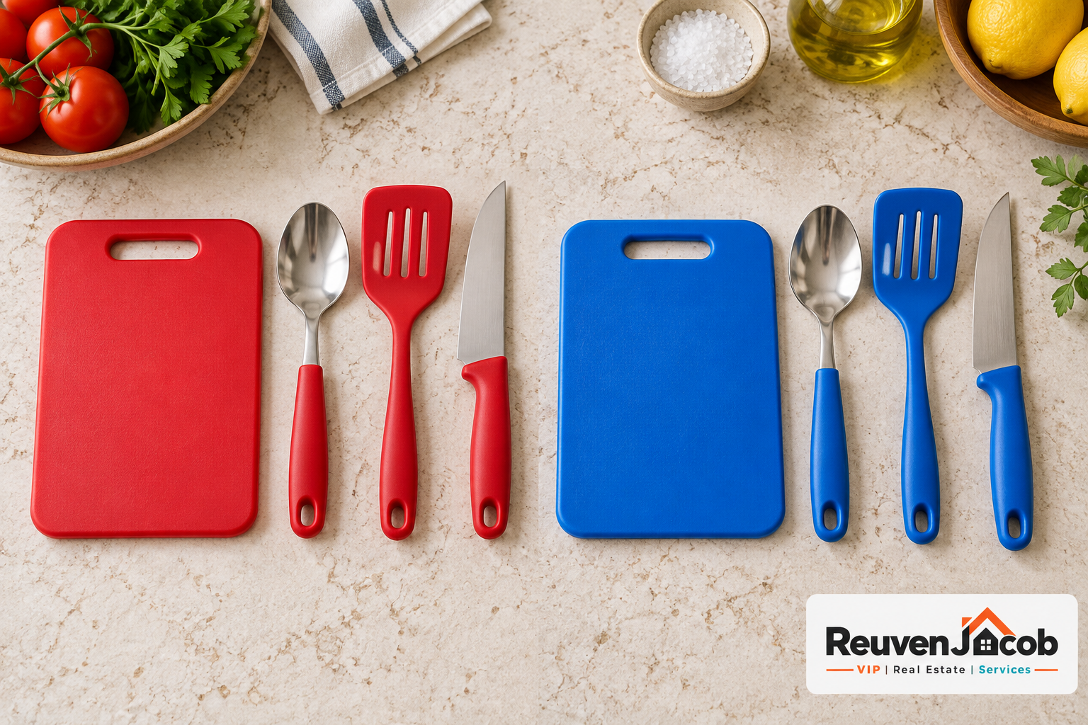 Colour-coded utensils for meat and dairy in a kosher kitchen