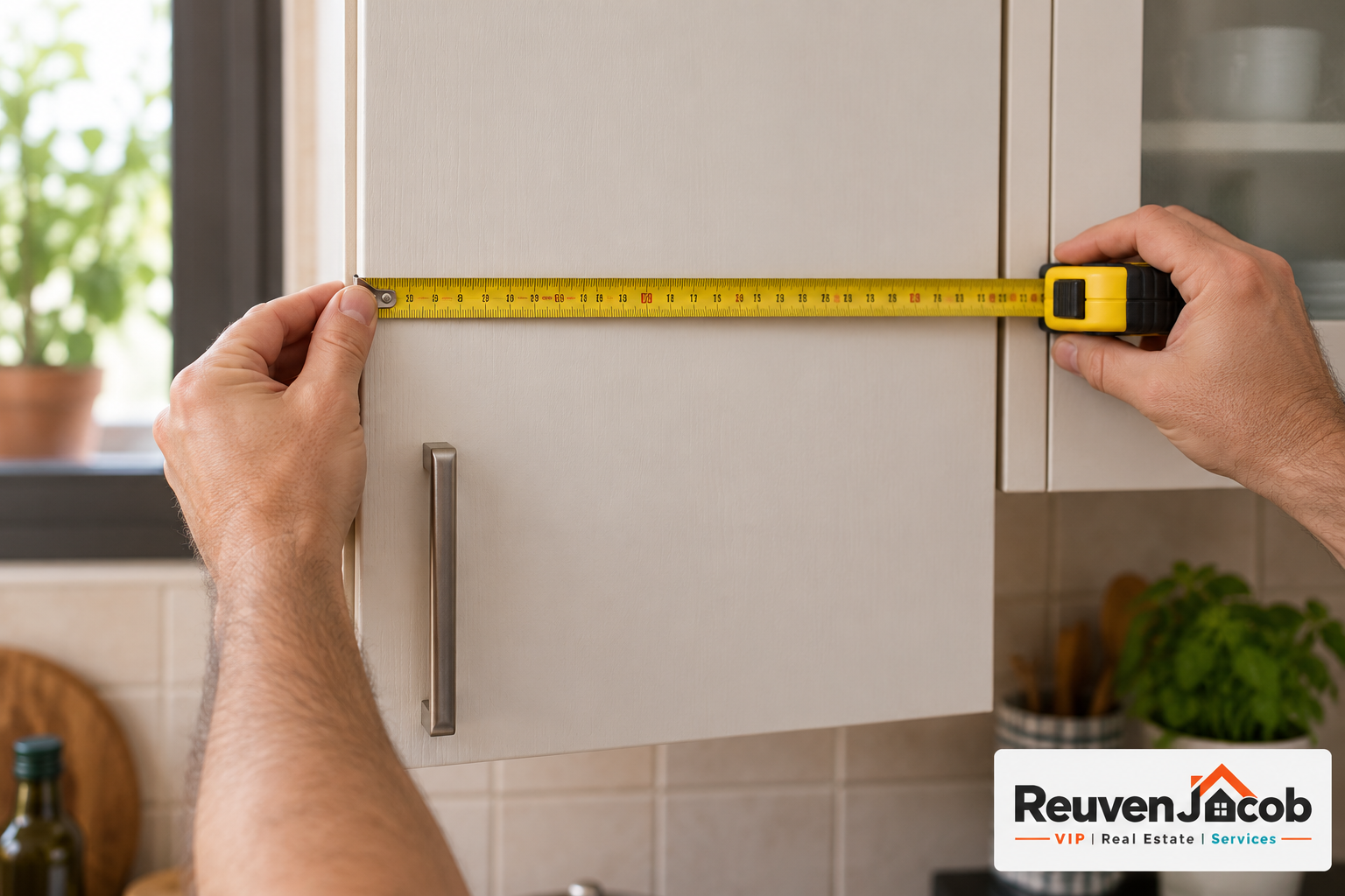 Measuring a kitchen cupboard width with a tape measure