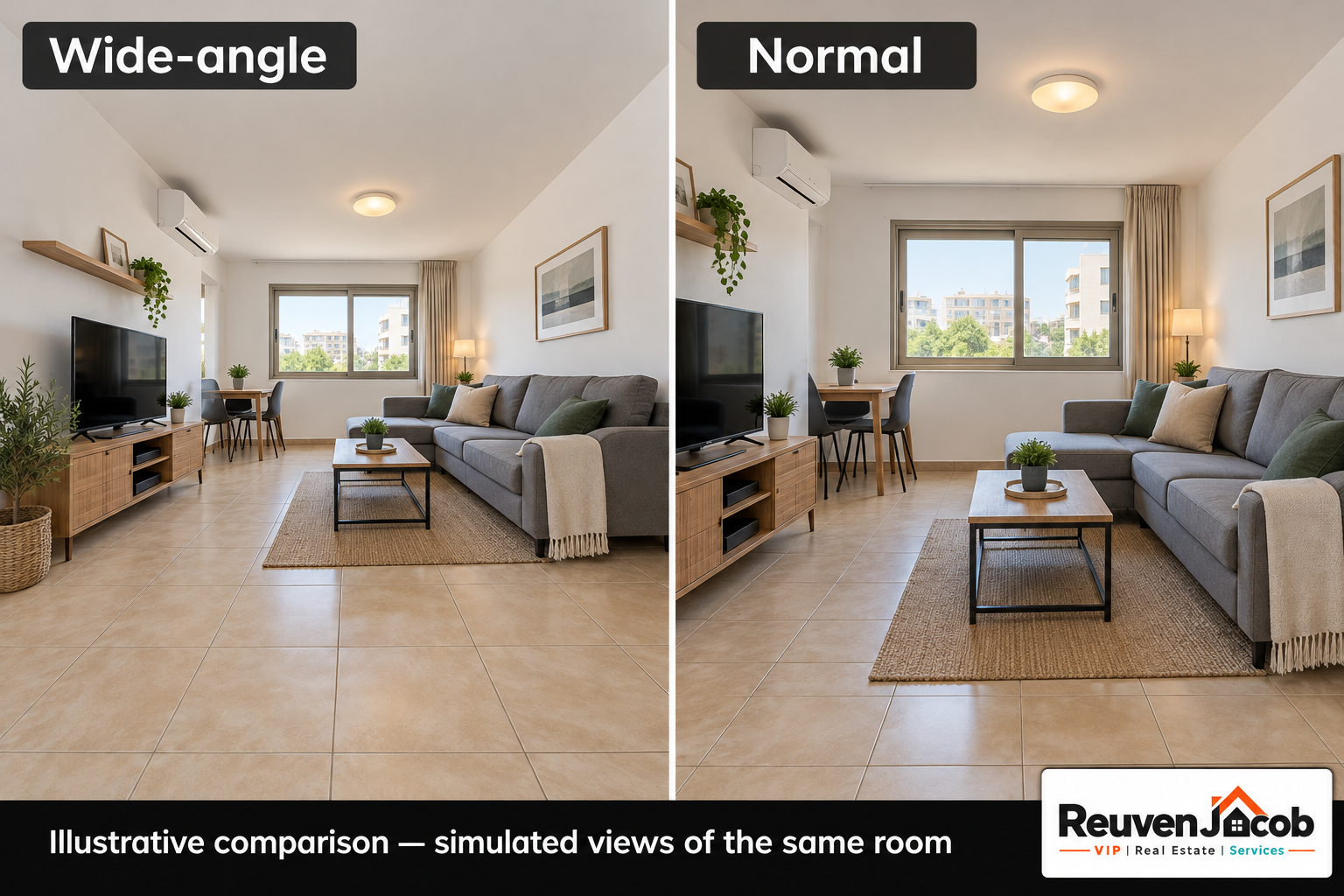 Illustrative simulated wide-angle and normal views of the same living room