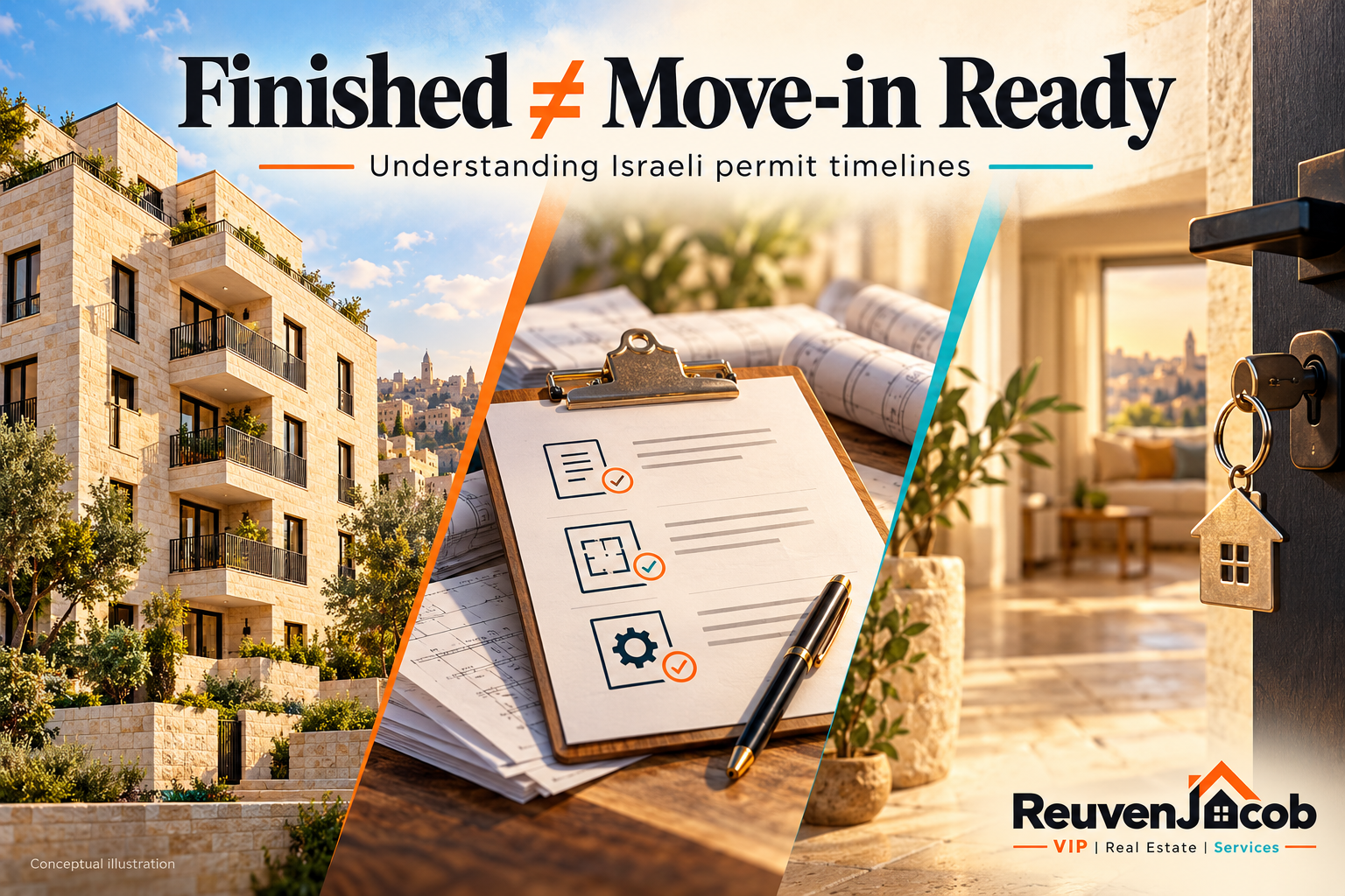 Conceptual illustration of a finished building, permit checklist, and keys showing that finished does not mean move-in ready.