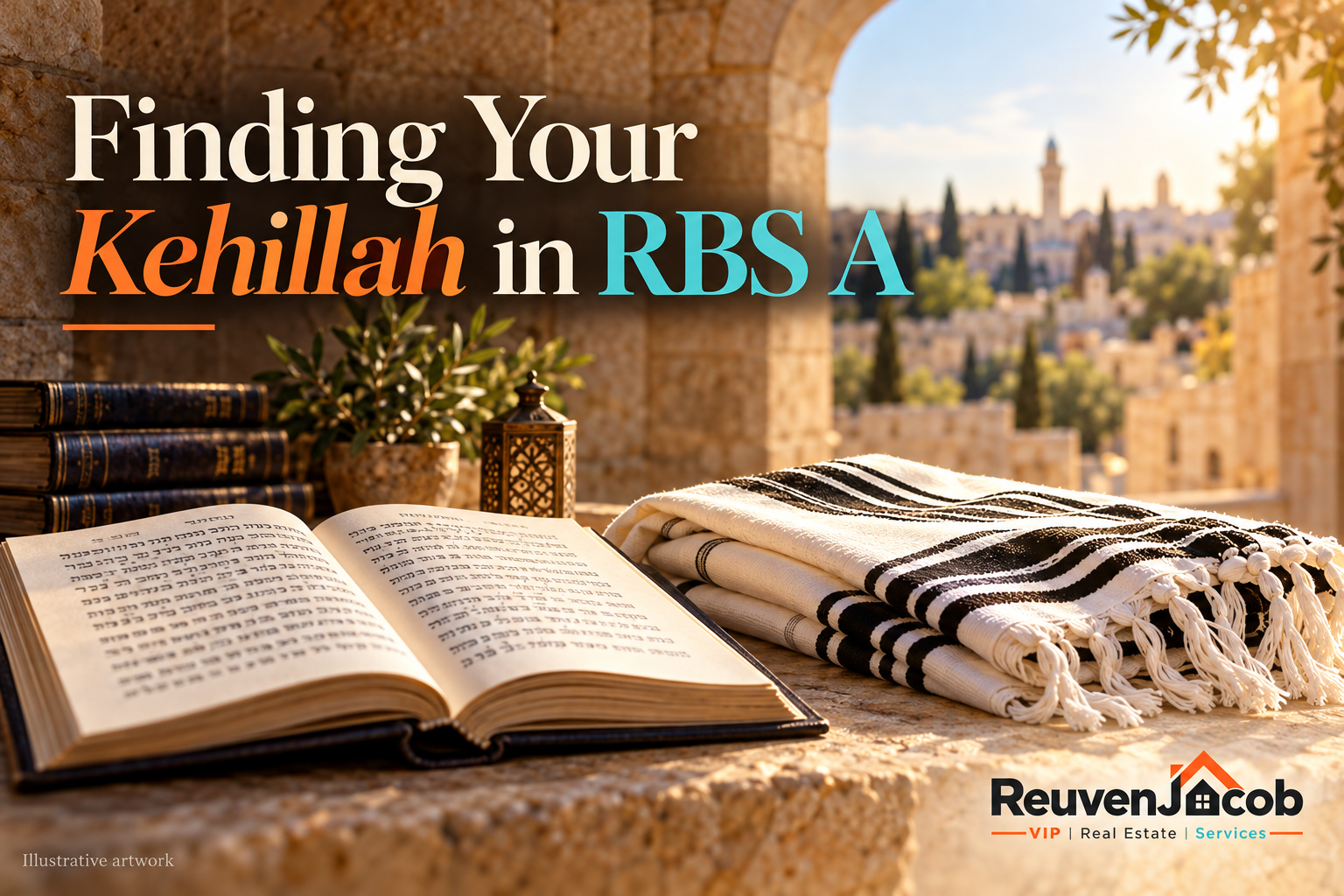 Illustrative artwork of a siddur and tallis beneath a stone arch for the RBS A kehillah directory.