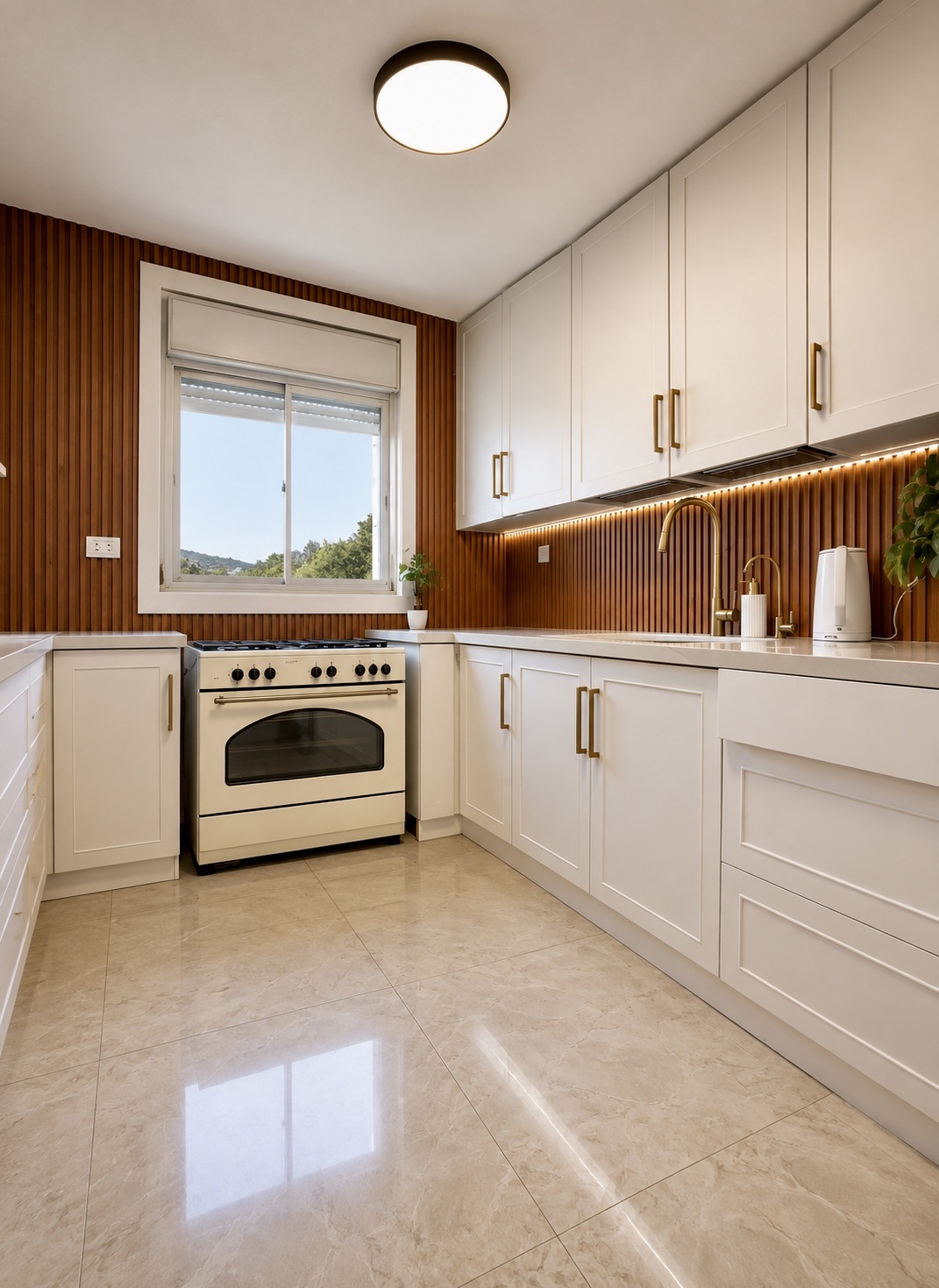 Compact kitchen with white cabinetry, a wood backsplash, and appliances.